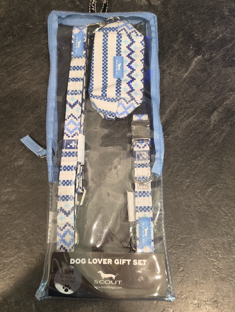 Scout Dog Lover SMALL Walk Set - Knit Happens, Blue & White Print